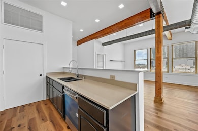 Kitchen with dishwasher, sink, light hardwood / wo