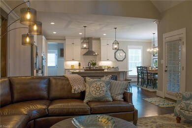 Open concept living room leads into gourmet kitchen