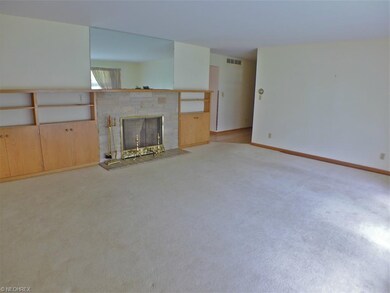 living room with stone fireplace
