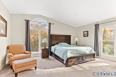 Bedroom featuring lofted ceiling and carpet floors