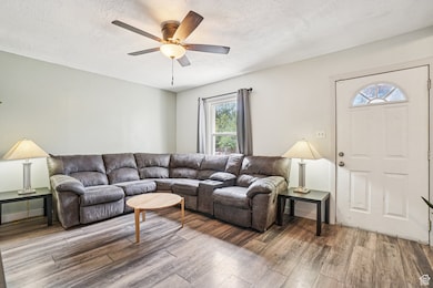 Living area with wood finished floors, a textured ceiling, and a ceiling fan