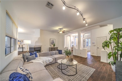 Grand living room with a fireplace