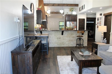 Living room with dark wood-style floors and recessed lighting