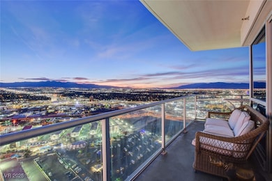 Balcony at dusk with a mountain view