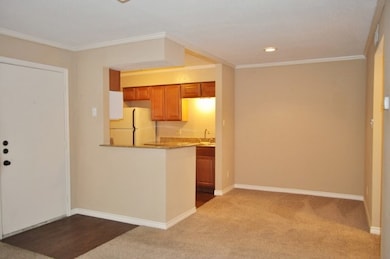 Kitchen with dark carpet, brown cabinets, freestan