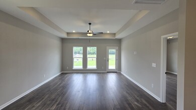 living room with hard flooring added - fan, LED's & cat6 internet connections - 10 ft trey ceilings