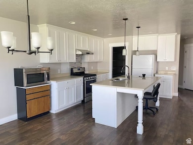 Kitchen with appliances with stainless steel finishes, ventilation hood, dark wood-style flooring, white cabinets, and a textured ceiling