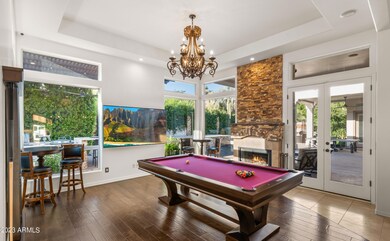 Family room with stackstone fireplace