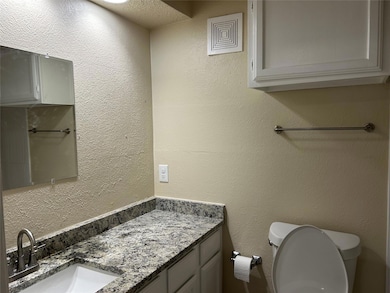 Bathroom featuring toilet, vanity, and a textured 