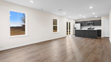 Open 1st floor living room and kitchen in a DRB Homes Glenshaw plan at The Village of College Park.