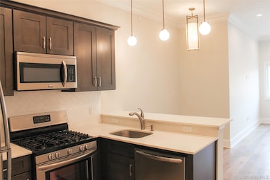 Kitchen featuring appliances with stainless steel finishes, dark brown cabinetry, crown molding, light wood-style floors, and pendant lighting
