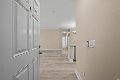 Hallway featuring ornamental molding and light har