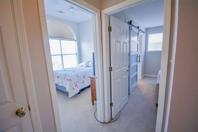 Hall with a barn door and carpet