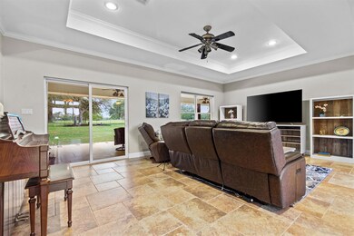 Living area featuring a raised ceiling, ceiling f