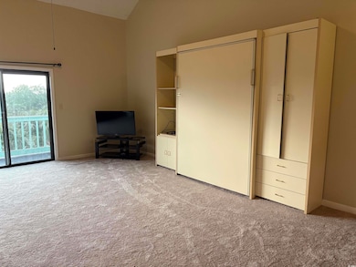 Living area featuring carpet floors, access to outside, vaulted ceiling, and baseboards