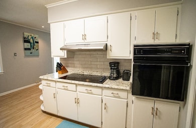 Kitchen with black appliances, under cabinet range hood, ornamental molding, white cabinets, and decorative backsplash