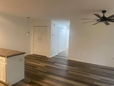 Empty room with ceiling fan, baseboards, and dark 