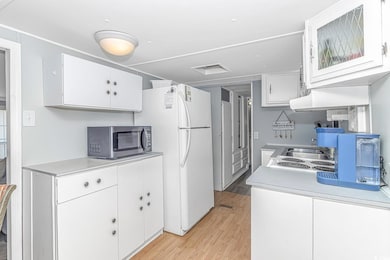 Kitchen with light wood-type flooring, white cabin