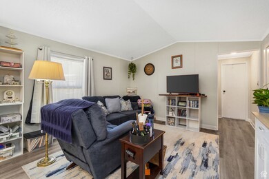 Living room featuring crown molding, wood finished floors, and lofted ceiling