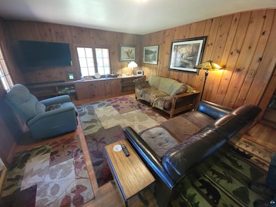 Living room with wood finished floors and wooden walls