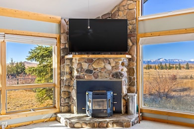 Detailed view of a wood stove and carpet flooring