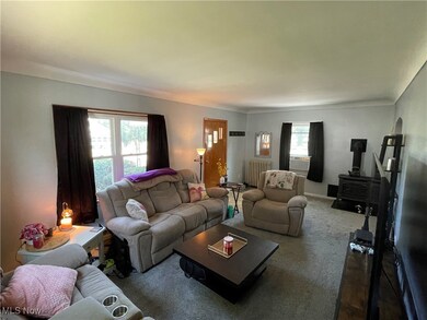 Living room featuring radiator heating unit, carpet, and a wood stove