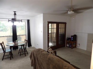 Living area with light colored carpet, a healthy a