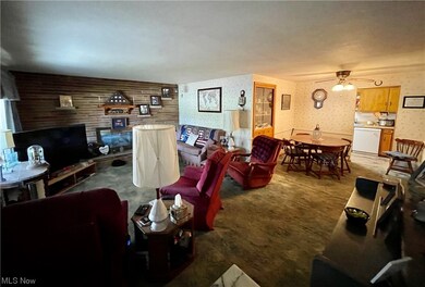 Carpeted living room stone wall with fireplace