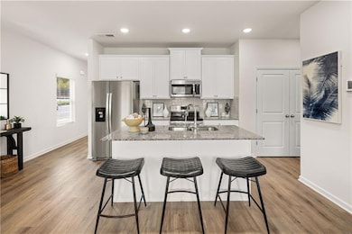 Kitchen featuring sink, white cabinetry, stainless