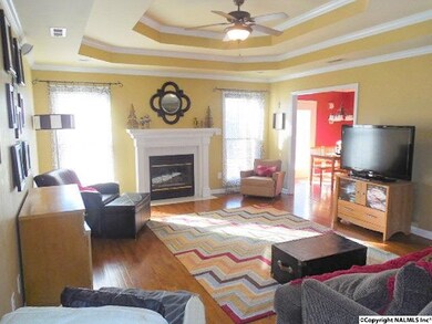 The living area is spacious with high double trey ceilings, crown molding, hardwood floors and gas log fireplace with mantel!
