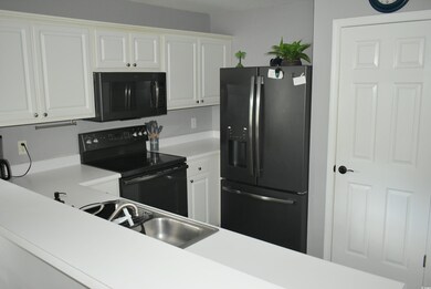 Kitchen with black appliances, a sink, light count