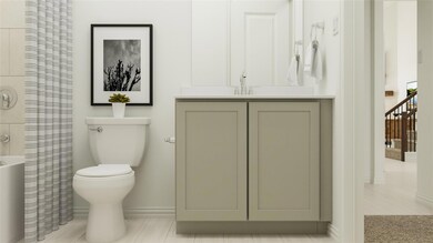 Full bathroom with vanity, tile patterned floors, 