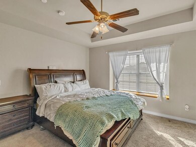 Carpeted bedroom featuring ceiling fan and a tray 