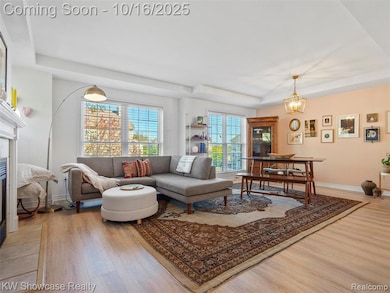 Living room with light wood finished floors, a tile fireplace, a tray ceiling, and a chandelier