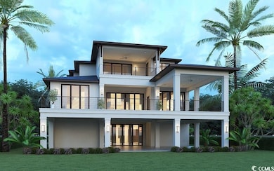Rear view of property with a lawn, a balcony, and 