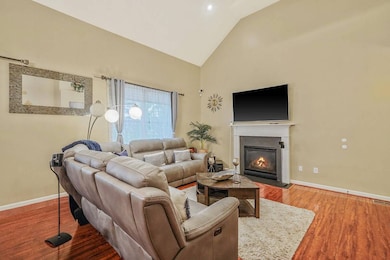 Living area featuring wood finished floors, baseboards, high vaulted ceiling, and a glass covered fireplace
