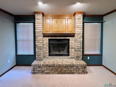 Detailed view of a textured ceiling, carpet floors, ornamental molding, and a fireplace