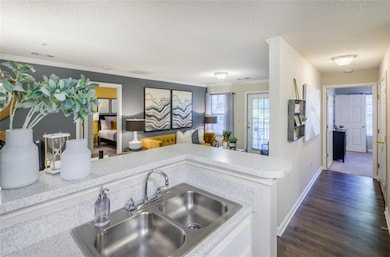 Kitchen with sink, dark hardwood / wood-style floo
