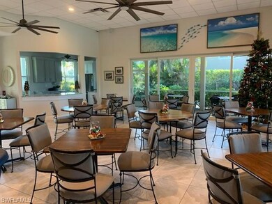 Tiled Clubhouse dining space featuring ceiling fan