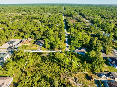 Aerial view of property and surrounding area with a heavily wooded area and property parcel outlined