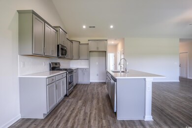 Kitchen featuring gray cabinetry, appliances with 