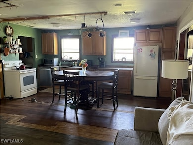 Kitchen with dark wood-type flooring, white applia