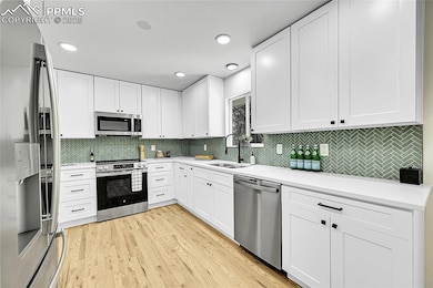 Kitchen featuring stainless steel appliances, light wood-style floors, a sink, decorative backsplash, and recessed lighting