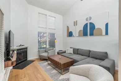 Living room with wood-type flooring and high vault