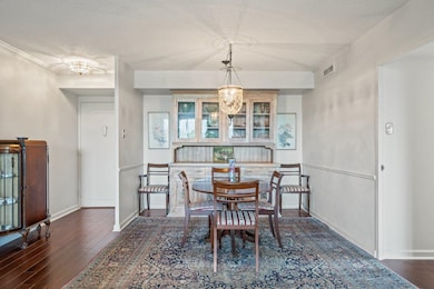 Dining space with a textured ceiling and dark wood-style flooring