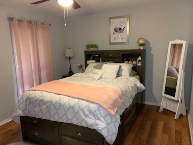 Bedroom with dark wood-type flooring and ceiling f