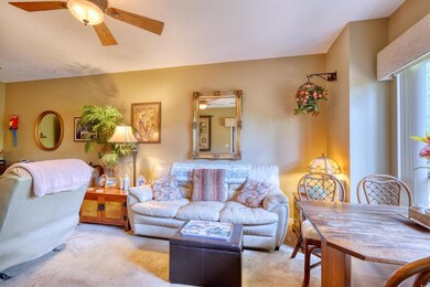 Carpeted living area featuring ceiling fan