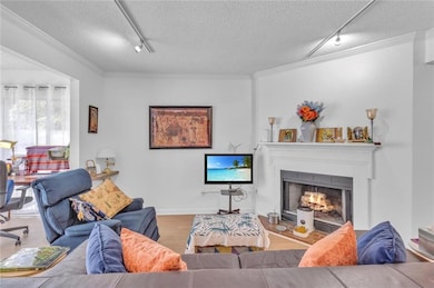 Living area with rail lighting, a textured ceiling, wood finished floors, crown molding, and a warm lit fireplace