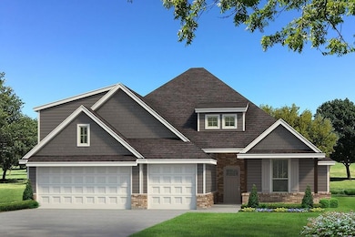 Craftsman-style house featuring a front lawn, concrete driveway, a shingled roof, and brick siding
