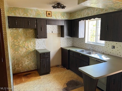 Kitchen featuring wallpapered walls, dark brown cabinets, light countertops, a peninsula, and stainless steel dishwasher